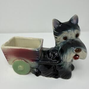 Vintage Scottie Dog Planter Pulling Red Cart Wagon Green Wheels Japan